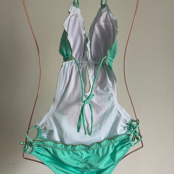 Embroidered beaded Colombian Mexican trikini monokini swimsuit mint/aqua color - Picture 6 of 9